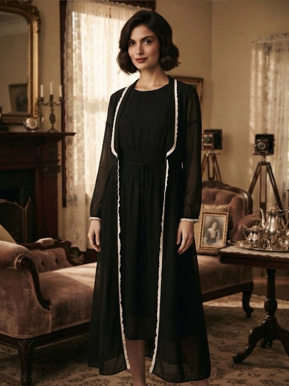 Antique 1920s/30s Black Silk Chiffon Dress & Robe Set 2-Pc Vintage Gown Lingerie